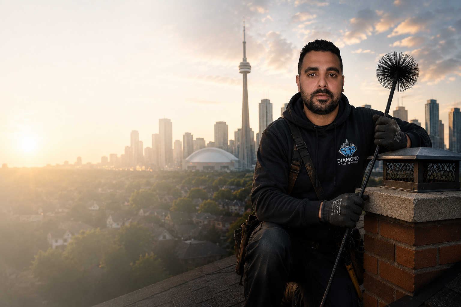 Diamond Home Services chimney technician on a Toronto rooftop at sunrise with the CN Tower behind him