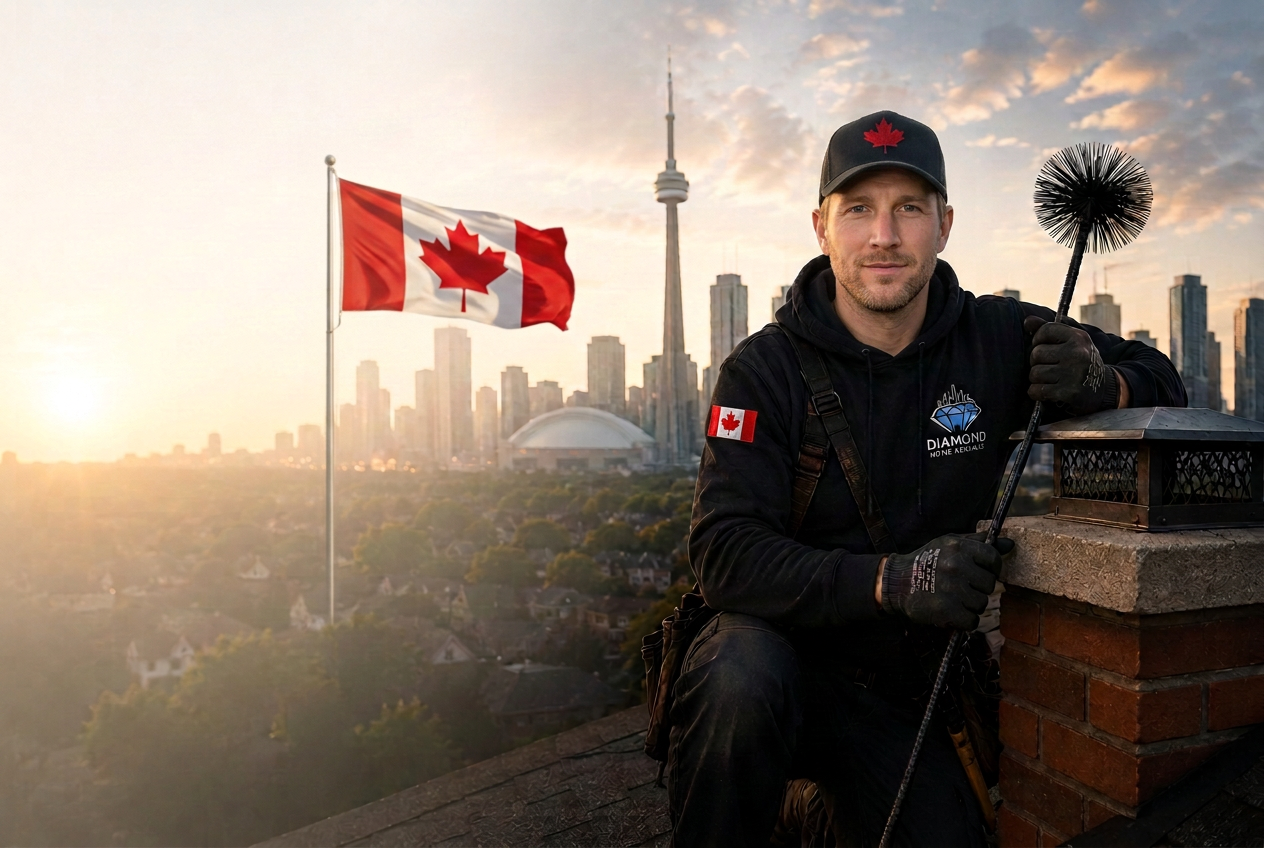 Diamond Home Services chimney technician on a Toronto rooftop at sunrise with the CN Tower behind him